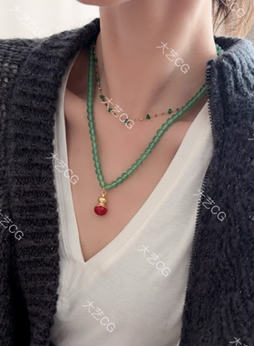 天然石葫芦项链绿红撞色珠串新中式链NEGIc 0713