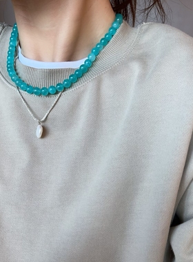 蓝色珠子天河石choker个性小众串珠颈链珠珠天蓝色短链珠串