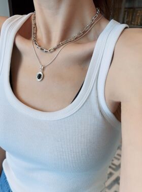 纯银复古吊坠项链可拆卸黑银简约中古细项链925银饰