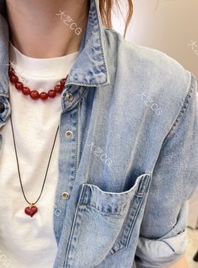 朱砂桃心项链绳结可调节项链红色小众国风休闲新中式细长短链毛衣