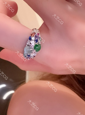 翡翠彩色纯银戒指开口可调节彩色925银指环RIAgs 0524