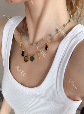 蓝色天然石细项链不规则百搭叠戴颈链