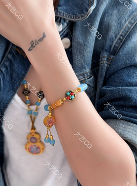 海蓝宝财神手链唐卡民族风蓝色可调节手串新中式BRGIc 0304