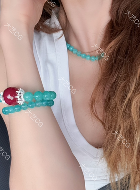 蓝色珠串小众新中式项链撞色弹力高级感天河石手链