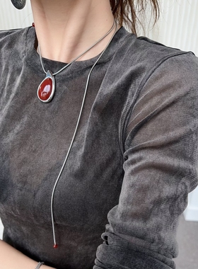 长项链红玛瑙多种佩戴方法抽绳颈链复古银毛衣裙链长choker