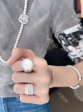 复古夸张大戒指白贝银色简约圆形指环重金属INS时尚欧美