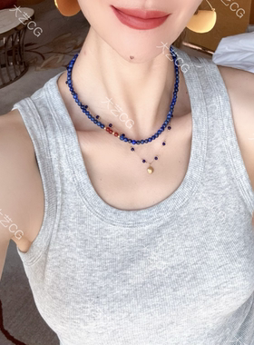 超细蓝色珠珠项链百搭日常通勤链彩色时尚贝壳