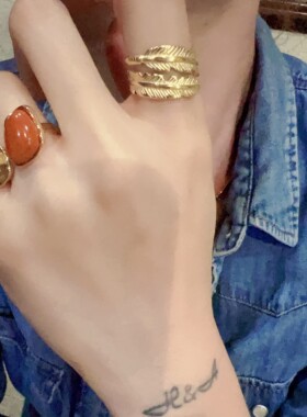 虎眼石宝石开口复古戒指vintage指环开口红石可调节