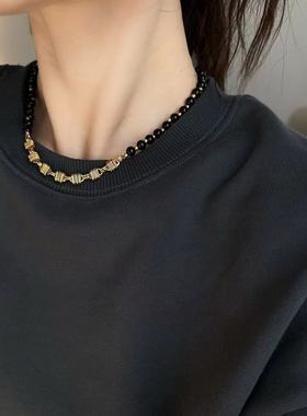 黑玛瑙串珠项链现代中古金黑双色珠串OT扣短颈链choker