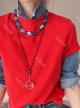 蓝色复古风项链小众高级感不规则珠串颈链