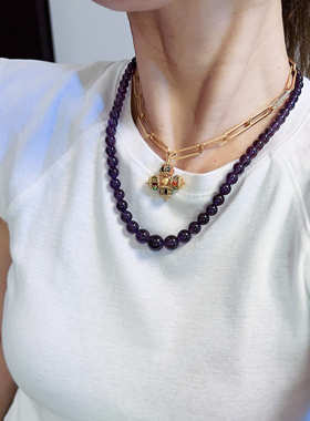 紫水晶项链珠珠大小串珠个性复古中长项链珠子饰品