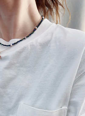 蓝色珠珠项链青金石珍珠蓝绿花珠紫细颈链choker闪波西米亚复古链