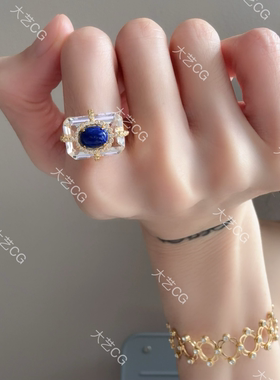 白水晶纯银戒指青金石开口可调节925银指环RIAgc 0510