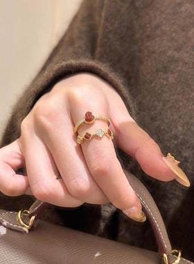 红色滴油葫芦四叶花戒指开口轻奢高级感叠戴百搭指环新年食指戒女