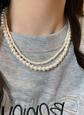 法式精致双层叠戴珍珠项链冷淡风个性气质锁骨链小众设计颈链新款