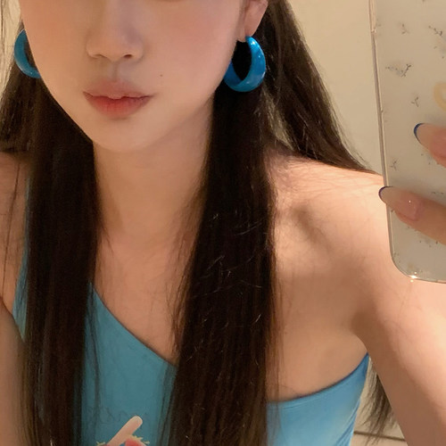 复古港风蓝色C型圈圈耳环女气质耳钉度假风夸张耳圈耳饰圆圈素圈 - 图0