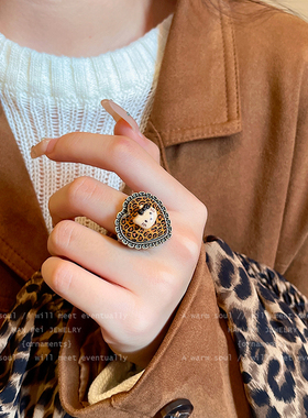 复古古着辣妹千禧风豹纹爱心指环时尚个性造型首饰戒指2025新配饰
