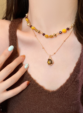 复古虎眼石款天然石串珠项链套装女新款轻奢时尚锁骨链气质毛衣链