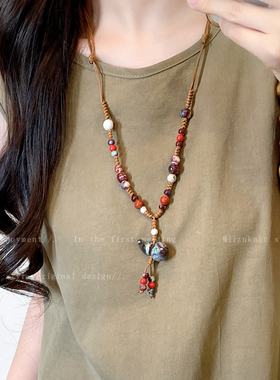 佛系彩色串珠陶瓷葫芦项链新中式民族风长款毛衣链禅意配饰