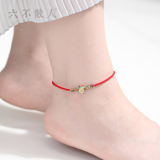 六不散人原创设计老虎头红绳脚链手工编织脚绳镀金夏季女高级足链