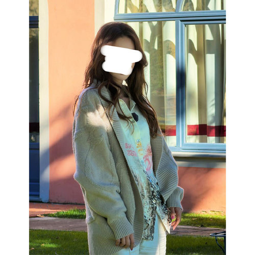 [每日上新]金晨同款时尚开衫宽松慵懒风几何图案提花长袖毛衣外套 - 图1