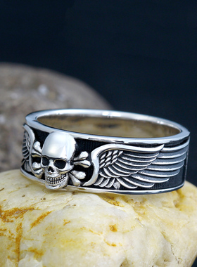 复古经典骷髅与翅膀戒指S925戒指