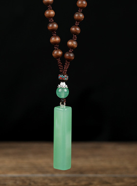 复古民族风东陵玉柱项链水晶吊坠桃木毛衣链女简约挂件棉麻配