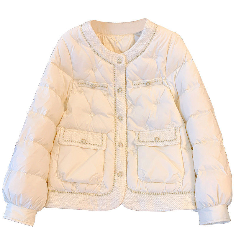 白色小香风圆领羽绒服女短款2025冬季新款宽松爆款粗花呢无领外套,淘宝优惠券,粉丝福利购,淘宝优惠卷