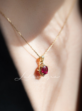 S925纯银镀18K金红宝石项链 精致复古简约百搭气质石榴红锆石