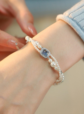 丹妮丝双层叠戴珍珠手链女小众手串轻奢精致几何方形串珠手饰