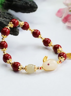 紫金砂小玉兔配饰款手链兔年生朱砂肖福牌手链