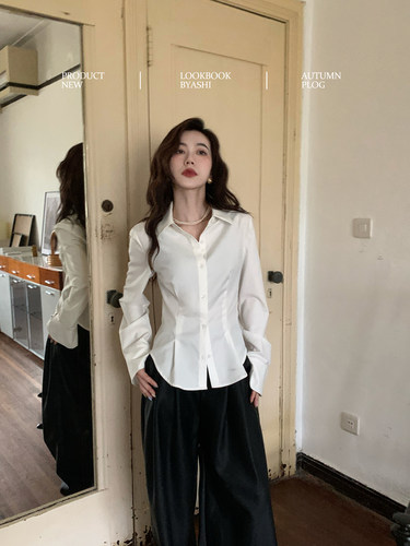大于诗集设计感学院风刺绣肌理感撞色条纹衬衫女修身显瘦收腰上衣 - 图1