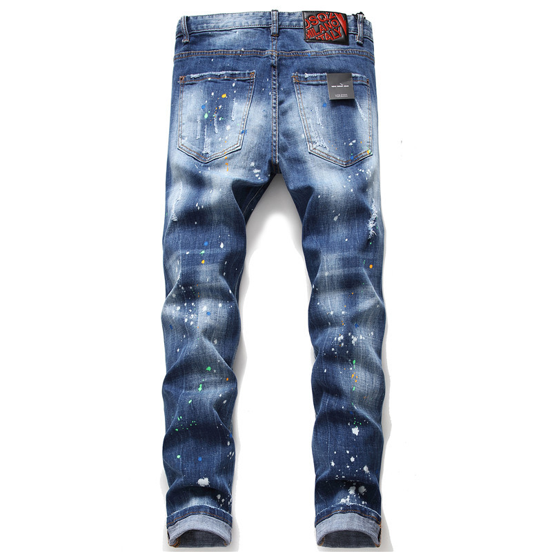 New broken paint men's slim fit hole patch stretch Jeans - 图0