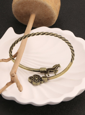 纯黄铜复古法手工匠作旧典藏艺术手镯幸运马小方镯扭纹镯子国风饰
