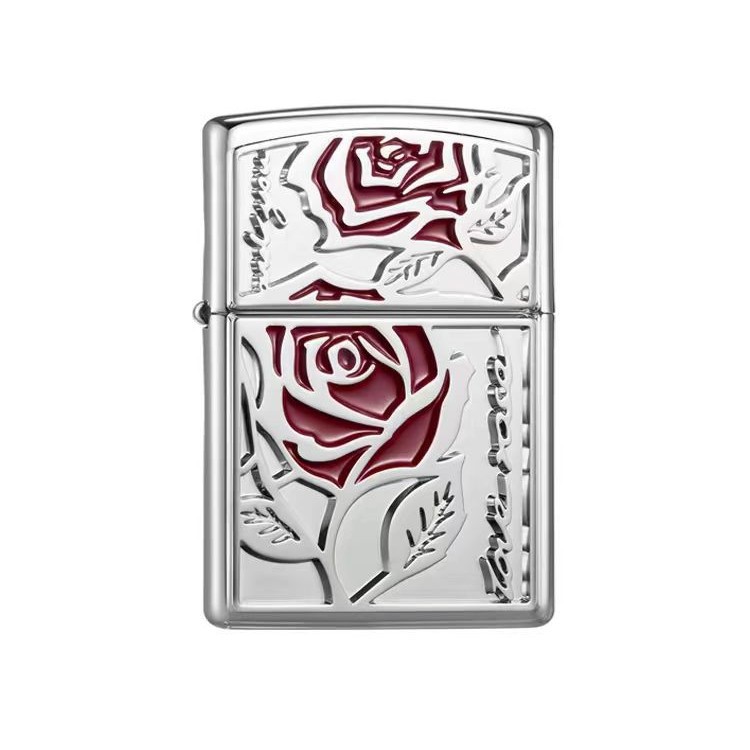 官正品ZIPPO芝宝美国原版防风砂轮煤油打火机银色贴章红玫瑰予你 - 图3