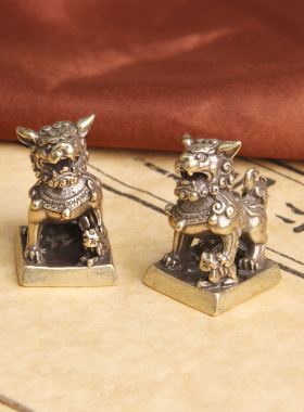 复古典藏国风艺术黄铜摆件古法手工匠作狮子印章财源广进书房文玩