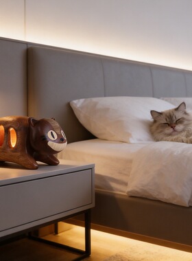 猫猫巴士实木创意可爱充电LED小夜灯送人礼物磁吸猫头桌面摆件