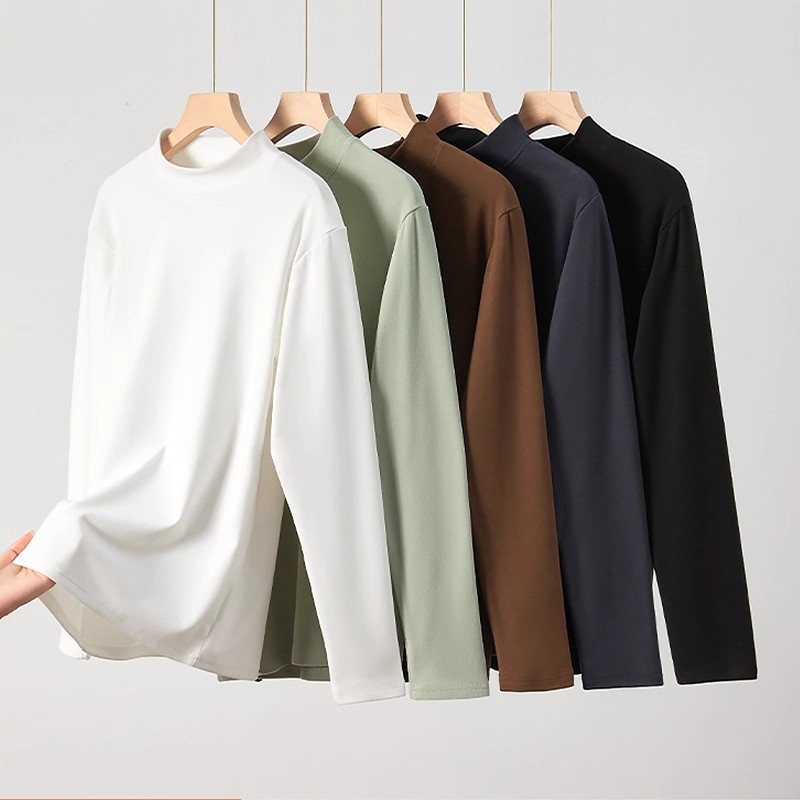 经典百搭款！300G白色重磅德绒半高领打底衫加绒保暖长袖T恤男女 - 图3