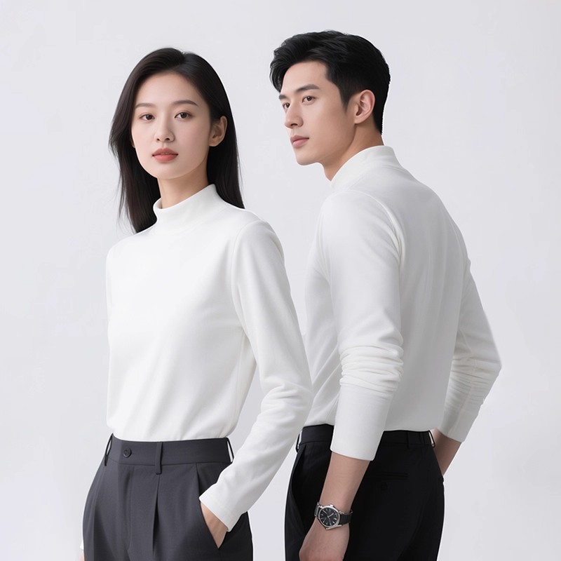 经典百搭款！300G白色重磅德绒半高领打底衫加绒保暖长袖T恤男女 - 图0