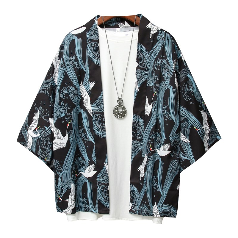 日系仙鹤道袍复古衬衫男宽松休闲浮世绘很仙的薄款外套七分袖开衫-图3