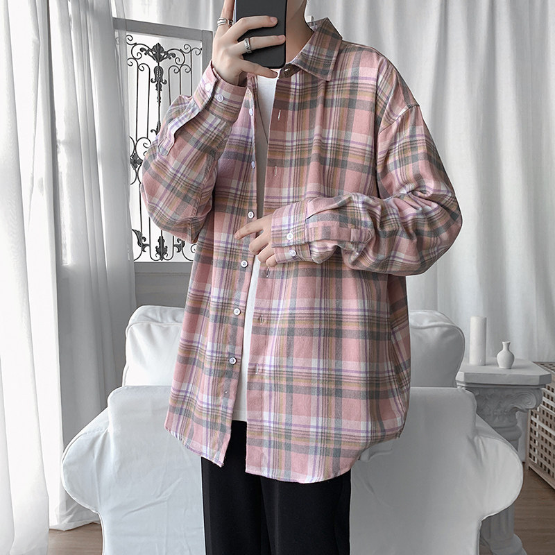 港风春季男士长袖衬衫韩版宽松潮流格子衬衣帅气百搭休闲男生上衣,淘宝优惠券,粉丝福利购,淘宝优惠卷