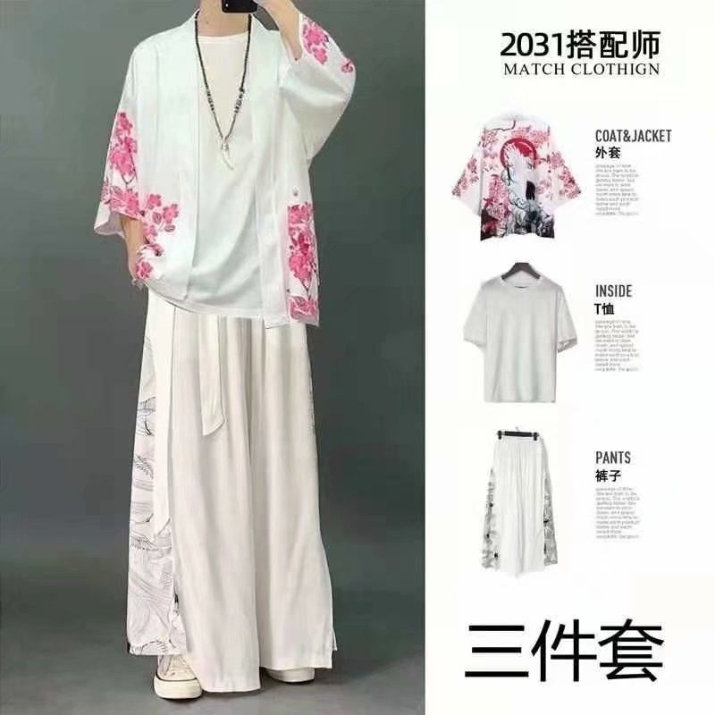 三件套2021夏季男士套装中国风学生印花衬衫休闲日系潮流仙鹤道袍