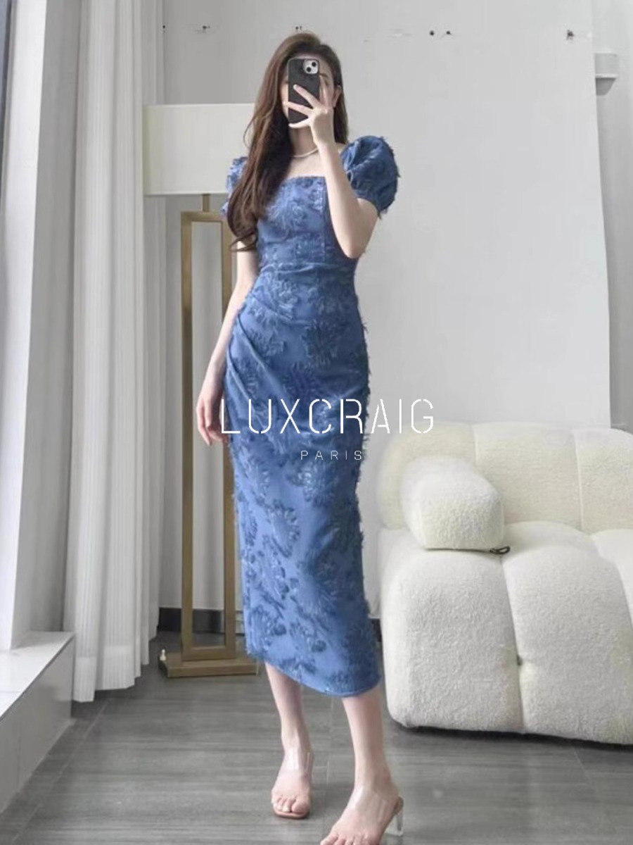 LUXCRAIG法式复古短袖连衣裙长裙高级感气质显瘦包臀裙子粉红色女