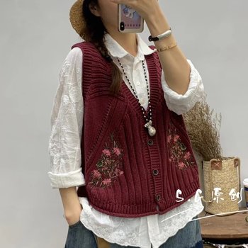 ເສື້ອຢືດ Cardigan ຖັກແສ່ວ 2024 Spring Versatile Retro Loose Literary Vest Short Sleeveless Vest