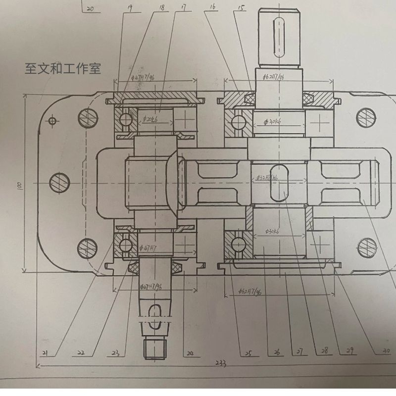 铅笔手绘建筑图装配图流程图手工画图减速器机械cad手绘工图抄图-图1