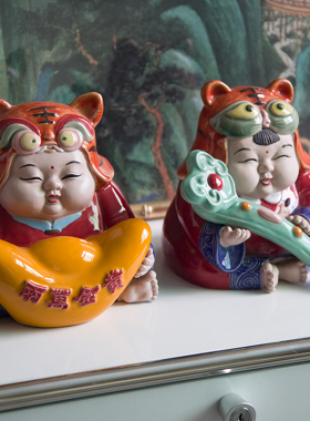 新中式国风潮玩虎头帽胖娃娃一对