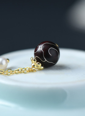 小叶紫檀10mm木镶银绕云项坠国风错金吊坠生活美学项饰礼品批