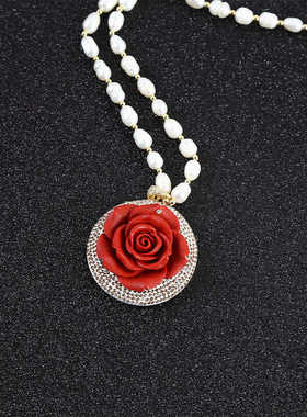 天然淡水珍珠朱砂项链吊坠原矿石新长款轻奢百搭毛衣链旗袍挂件女