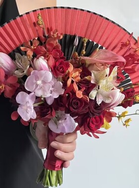 中式折扇手捧花结婚创意仿真花