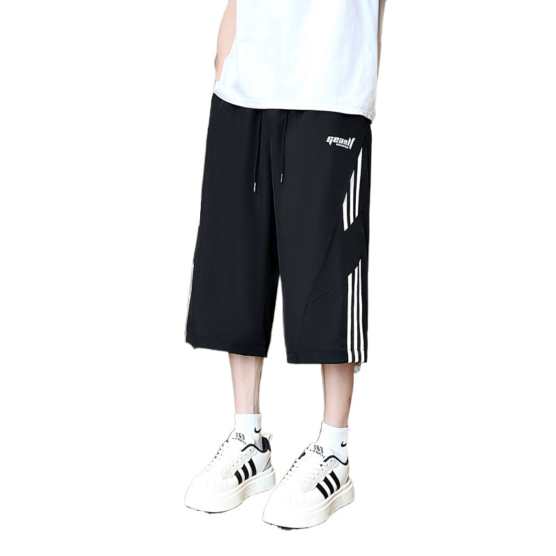 New American striped spliced ​​ice silk crop shorts for summer teenagers' trendy handsome versatile ice silk quick-drying pants